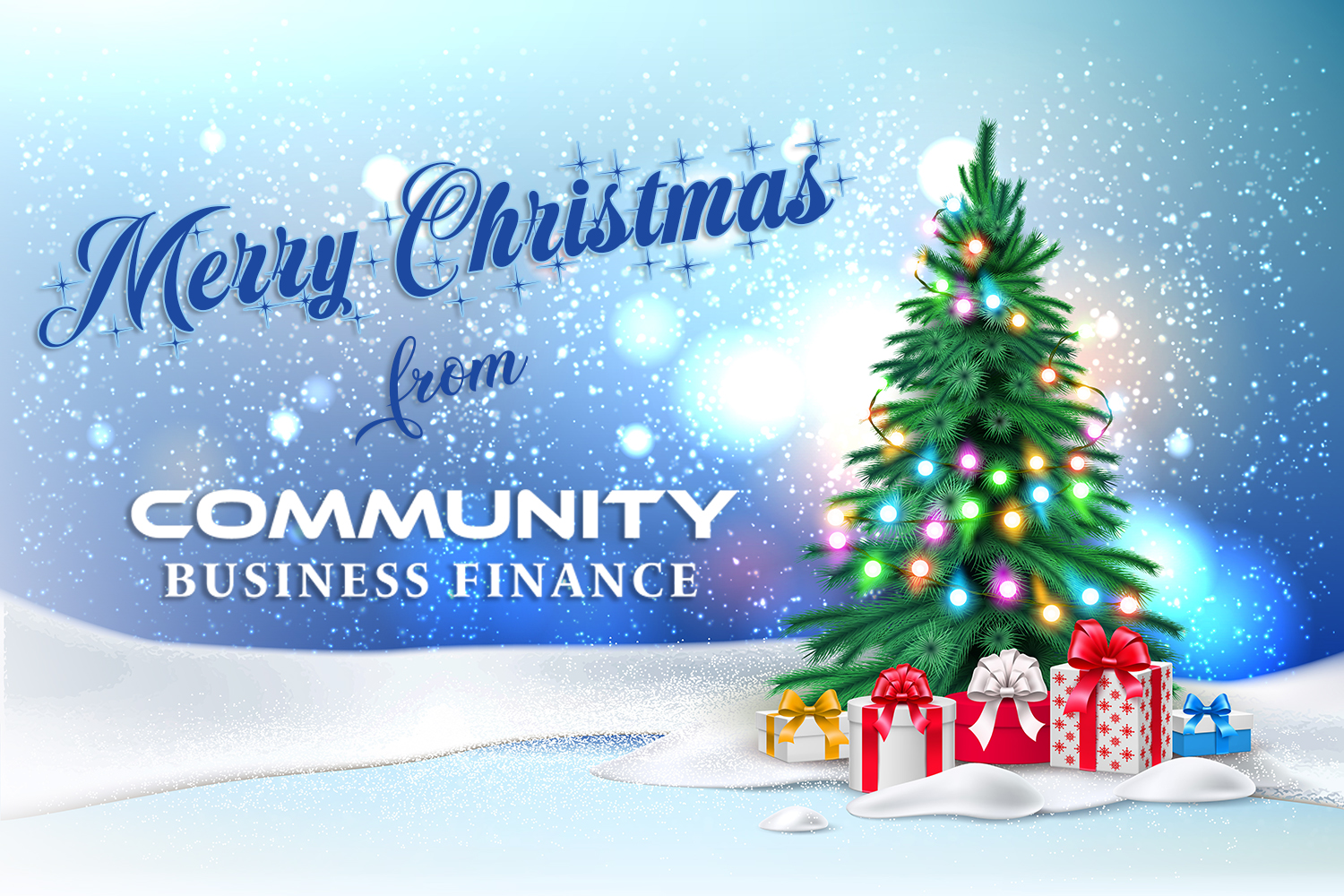 Vector christmas tree with christmas lights garland and present boxes under. New year holiday poster, banner background with ground with snowcaps, snowdrift snowfall night star sky blurred background.